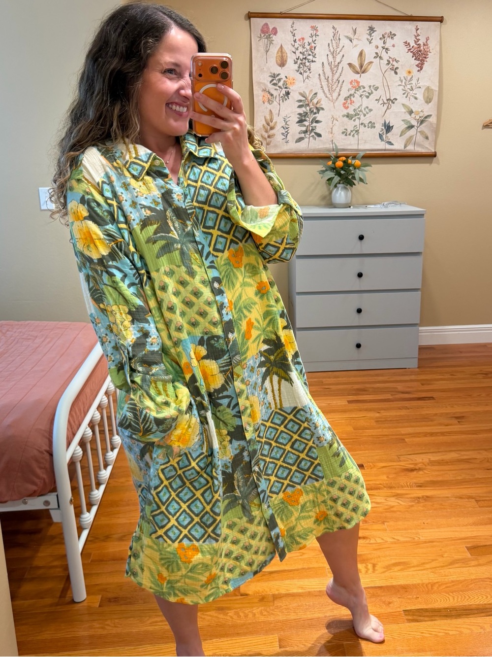 D&co beach cotton Green Floral Button-Front Midi Shirt Dress XL